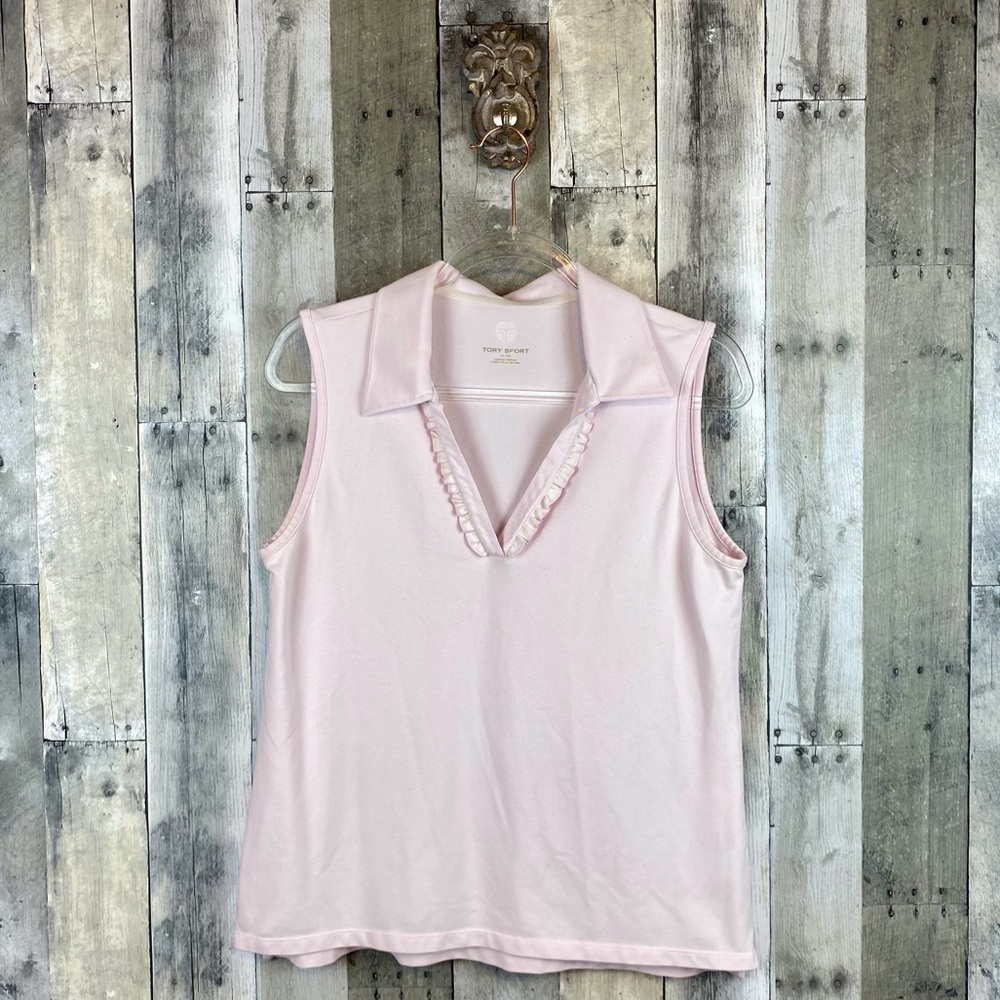Tory Burch Torysport Ruffle Sleeveless Polo Top in Light Pink Size XS.